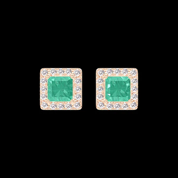 « L'Atelier » Nº178416 - Boucles d'oreilles Or rose 18 carats - Émeraude Princesse 0.3 carat (2 X) - Halo Diamant