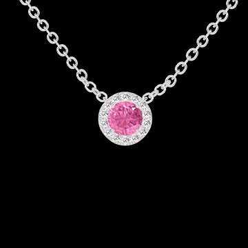 « L'Atelier » Nº189617 - Collier Weißgold 375/-(9Kt) - Rosa Saphir rund 0.3 Karat - Halo Diamant - Kette Ankerkette