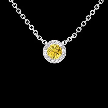 « L'Atelier » Nº196388 - Collier Weißgold 375/-(9Kt) - Gelber Saphir rund 0.3 Karat - Halo Diamant - Kette Ankerkette