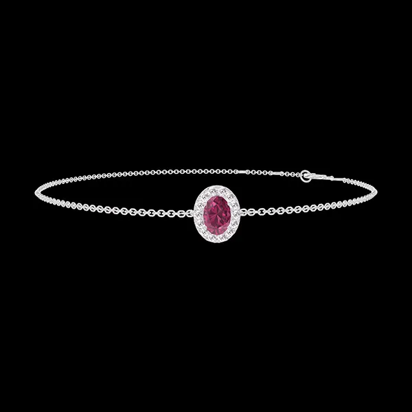 « L'Atelier » Nº200491 - Brăţară Aur alb 18 carate - Rubin Oval 0.3 carate - Halo Diamant - Lanţ Zale