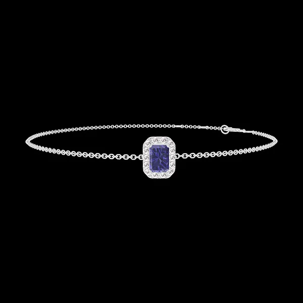 « L'Atelier » nº 200652 - Bracelet Or blanc 9 carats - Saphir bleu Rectangle 0.3 carat - Halo Diamant - Chaîne Forçat