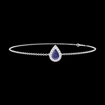 « L'Atelier » Nº200715 - Bracelet Or blanc 18 carats - Saphir bleu Poire 0.3 carat - Halo Diamant - Chaîne Forçat