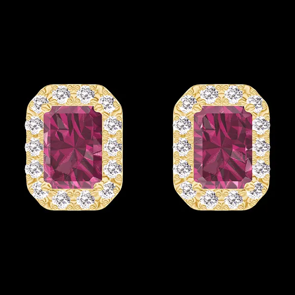 « L'Atelier » Nº201189 - Earrings Yellow gold 18 carats - Ruby Baguette 0.3 Carats (2 X) - Halo Diamond white
