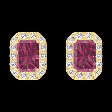 « L'Atelier » Nº201189 - Boucles d'oreilles Or jaune 18 carats - Rubis Rectangle 0.3 carat (2 X) - Halo Diamant