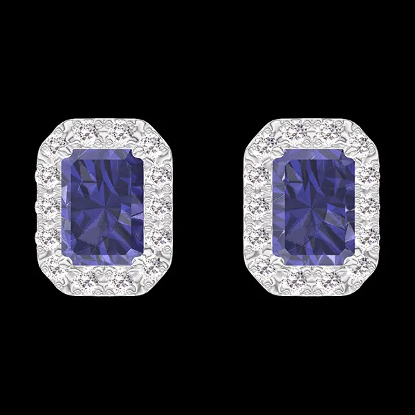« L'Atelier » Nº201288 - Boucles d'oreilles Or blanc 9 carats - Saphir bleu Rectangle 0.3 carat (2 X) - Halo Diamant