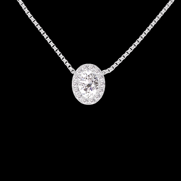 « L'Atelier » nº 201743 - Collier Or blanc 750 ‰ (18 carats) - Diamant synthétique Ovale 0.3 carat - Halo Diamant synthétique - Chaîne Vénitienne