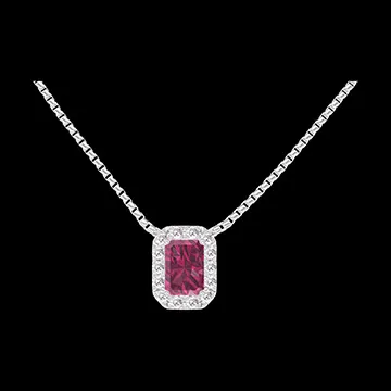 « L'Atelier » Nº201903 - Necklace White gold 18 carats - Ruby Baguette 0.3 Carats - Halo Diamond white - Chain Venetian