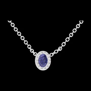 « L'Atelier » Nº202123 - Collier Weißgold 750/-(18Kt) - Blauer Saphir Oval 0.3 Karat - Halo Diamant - Kette Ankerkette