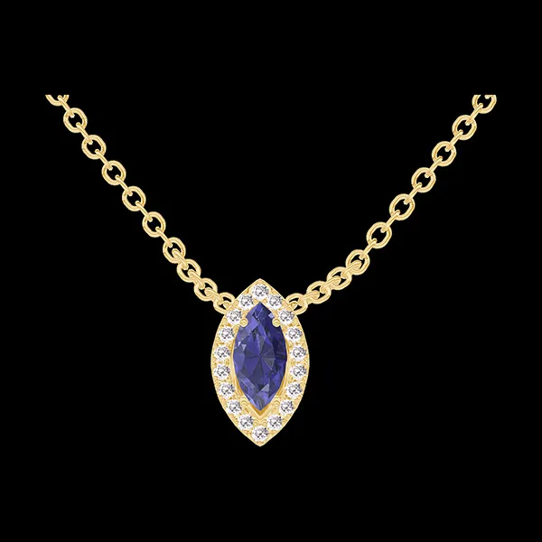 « L'Atelier » Nº202186 - Collana Oro giallo 9 carati - Zaffiro blu Marchesa 0.3 Carati - Halo Diamante - Catena Rolò
