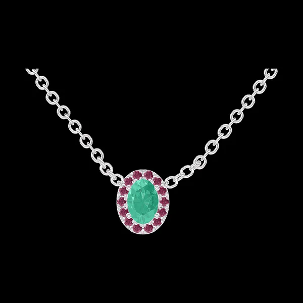 « L'Atelier » n.º 202323 - Collar Oro blanco 18 quilates - Esmeralda Ovalo 0.3 quilates - Halo Rubí - Cadenas Esclavas