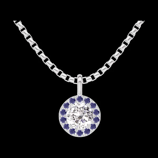 « L'Atelier » Nº202579 - Ciondolo Oro bianco 18 carati - Diamante Rotonda 0.3 Carati - Halo Zaffiro blu - Catena Veneziana