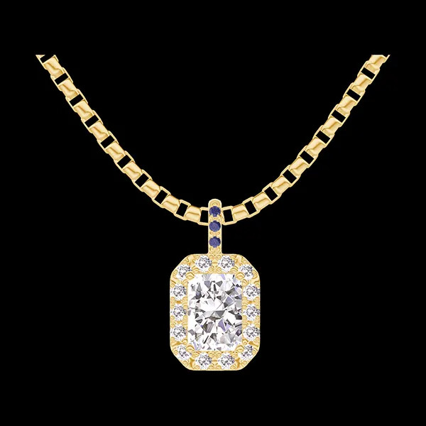 « L'Atelier » Nº202877 - Anhänger Gelbgold 750/-(18Kt) - Diamant Rechteckig 0.3 Karat - Halo Diamant - Fassung Blauer Saphir - Kette Venezianerkette