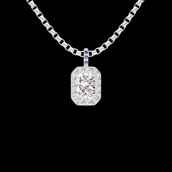 « L'Atelier » n. 204032 - Ciondolo Oro bianco 9 carati - Diamante di laboratorio Rettangolo 0.3 Carati - Halo Diamante di laboratorio - Incastonatura Zaffiro blu - Catena Veneziana