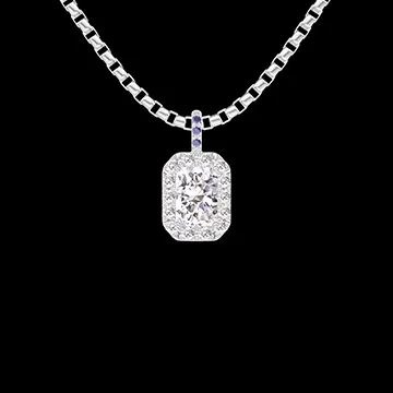 « L'Atelier » Nº204032 - Anhänger Weißgold 375/-(9Kt) - Labordiamant Rechteckig 0.3 Karat - Halo Labordiamant - Fassung Blauer Saphir - Kette Venezianerkette