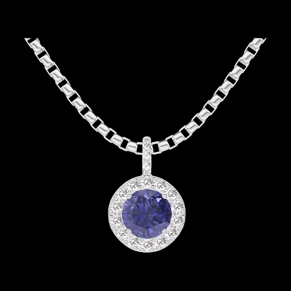 « L'Atelier » n. 205943 - Ciondolo Oro bianco 18 carati - Zaffiro blu Rotonda 0.3 Carati - Halo Diamante - Incastonatura Diamante - Catena Veneziana