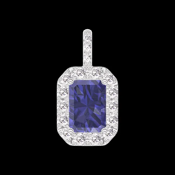 « L'Atelier » Nº206295 - Pendentif Or blanc 18 carats - Saphir bleu Rectangle 0.3 carat - Halo Diamant - Sertissage Diamant - Pas de chaîne