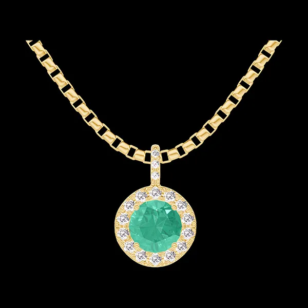 « L'Atelier » Nº207093 - Ciondolo Oro giallo 18 carati - Smeraldo Rotonda 0.3 Carati - Halo Diamante - Incastonatura Diamante - Catena Veneziana