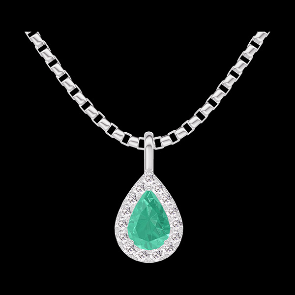 « L'Atelier » nº 207859 - Pendentif Or blanc 750 ‰ (18 carats) - Émeraude Poire 0.3 carat - Halo Diamant - Chaîne Vénitienne