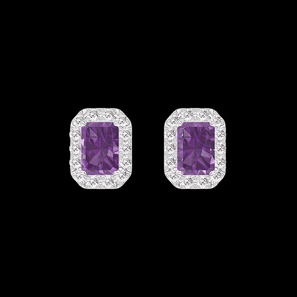 « L'Atelier » Nº218815 - Earrings White gold 9 carats - Amethyst Baguette 0.3 Carats (2 X) - Halo Diamond white