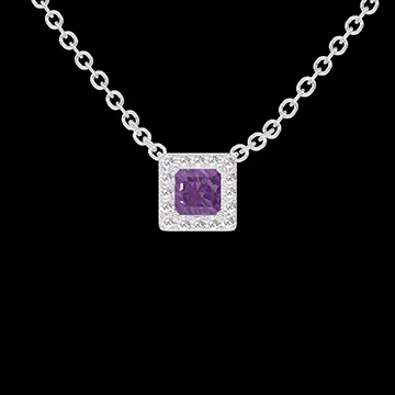 « L'Atelier » Nº220173 - Necklace White gold 18 carats - Amethyst Princess 0.3 Carats - Halo Diamond white - Chain Rolo
