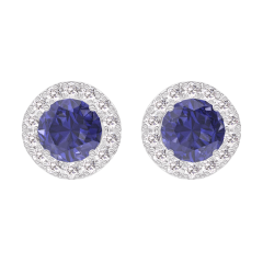 « L'Atelier » Nº201255 - Boucles d'oreilles Or blanc 18 carats - Saphir bleu Rond 0.3 carat (2 X) - Halo Diamant