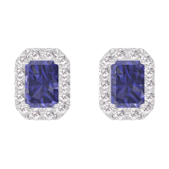 « L'Atelier » Nº201287 - Boucles d'oreilles Or blanc 18 carats - Saphir bleu Rectangle 0.3 carat (2 X) - Halo Diamant