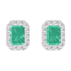 « L'Atelier » Nº201383 - Oorbellen Witgoud 18 karaat - Smaragd Rechthoekig 0.3 Karaat (2 X) - Halo Diamant