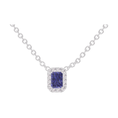 « L'Atelier » Nº202091 - Collier Or blanc 18 carats - Saphir bleu Rectangle 0.3 carat - Halo Diamant - Chaîne Forçat