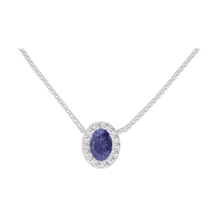 « L'Atelier » Nº202128 - Collier Or blanc 9 carats - Saphir bleu Ovale 0.3 carat - Halo Diamant - Chaîne Vénitienne