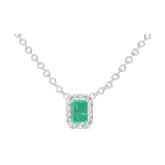 « L'Atelier » Nº202283 - Collana Oro bianco 18 carati - Smeraldo Rettangolo 0.3 Carati - Halo Diamante - Catena Rolò
