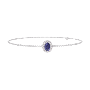 « L'Atelier » Nº200683 - Bracelet Or blanc 18 carats - Saphir bleu Ovale 0.3 carat - Halo Diamant - Chaîne Forçat