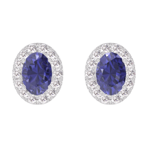 « L'Atelier » Nº201303 - Boucles d'oreilles Or blanc 18 carats - Saphir bleu Ovale 0.3 carat (2 X) - Halo Diamant
