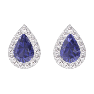 « L'Atelier » Nº201319 - Boucles d'oreilles Or blanc 18 carats - Saphir bleu Poire 0.3 carat (2 X) - Halo Diamant
