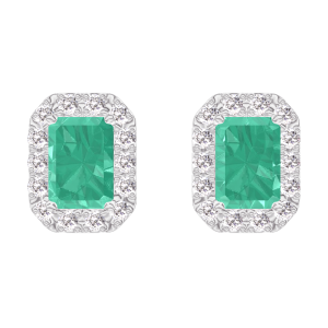« L'Atelier » Nº201383 - Oorbellen Witgoud 18 karaat - Smaragd Rechthoekig 0.3 Karaat (2 X) - Halo Diamant