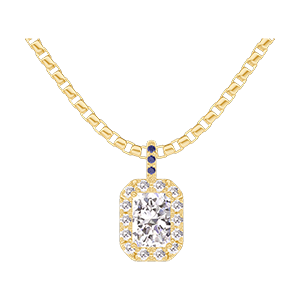 « L'Atelier » Nº202877 - Pendentif Or jaune 18 carats - Diamant Rectangle 0.3 carat - Halo Diamant - Sertissage Saphir bleu - Chaîne Vénitienne