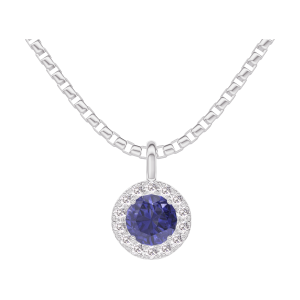 « L'Atelier » Nº205939 - Pendentif Or blanc 18 carats - Saphir bleu Rond 0.3 carat - Halo Diamant - Chaîne Vénitienne