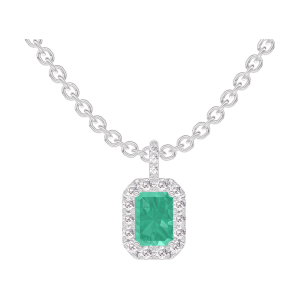 « L'Atelier » Nº207464 - Pendentif Or blanc 9 carats - Émeraude Rectangle 0.3 carat - Halo Diamant - Sertissage Diamant - Chaîne Forçat