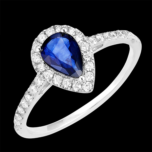 Bague « l’Atelier » 170775 - Or blanc 18 carats - Saphir bleu Poire 0.5 carat - Halo Diamant - Sertissage Diamant