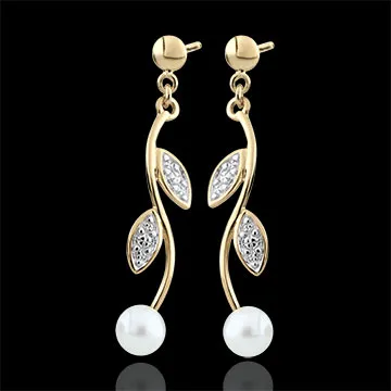 Orecchini Estate di perla - Oro bianco e Oro giallo - 9 carati - 2 Perle - 0.98 carati