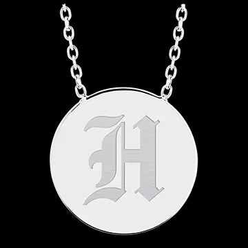 Colier medalion rotund gravat - aur alb de 9 carate - Colecția ABC Yours - Edenly Yours