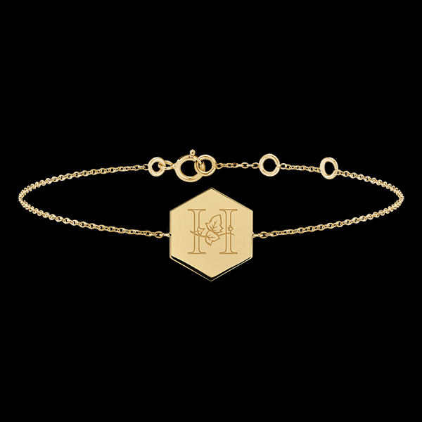 Hexagonal engraved medal bracelet - 9K yellow gold - ABC Yours Collection - Edenly Yours