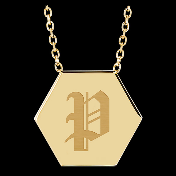 Necklace with engraved hexagonal medallion - 9K yellow gold - ABC Yours Collection - Edenly Yours