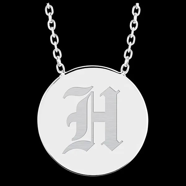 Colier medalion rotund gravat - aur alb de 9 carate - Colecția ABC Yours - Edenly Yours