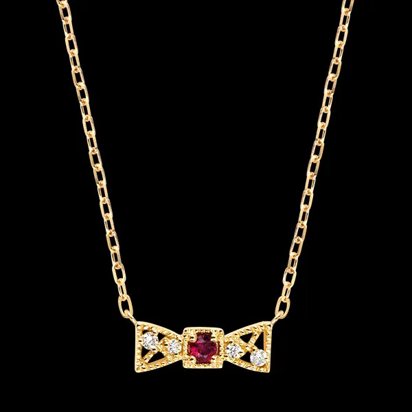 Noélya Necklace – 9-Carat Yellow Gold, Synthetic Ruby and Diamonds