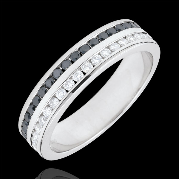 Alliance or blanc 18 carats diamants blancs et noirs semi pavée - serti rail 2 rangs - 0.32 carats - 32 diamants