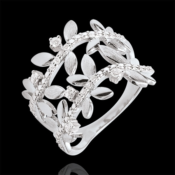 Anello Giardino Incantato - Fogliame Reale Doppio - Diamanti e Oro bianco - 18 carati
