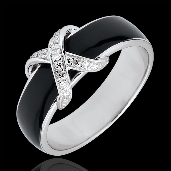 Anello Infinito - Incrocio - Oro bianco - 9 carati -Lacca nera - Diamanti