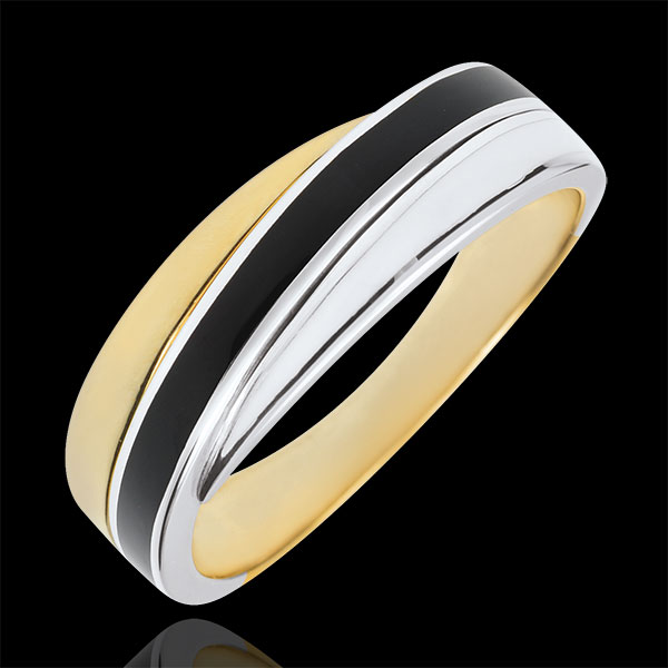 Anello Saturno - Duetto di lacca - Oro bianco e Oro giallo - 18 carati - Lacca nera e bianca