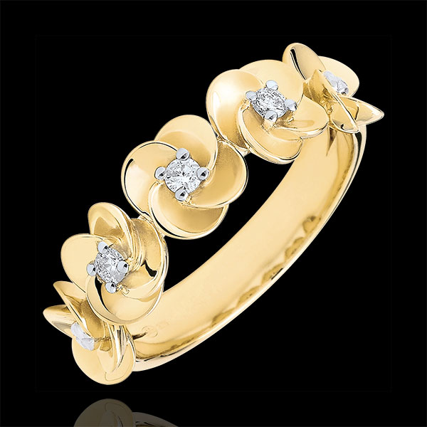 Anello Sboccio - Corona di rose - Oro giallo e Diamanti - 18 carati