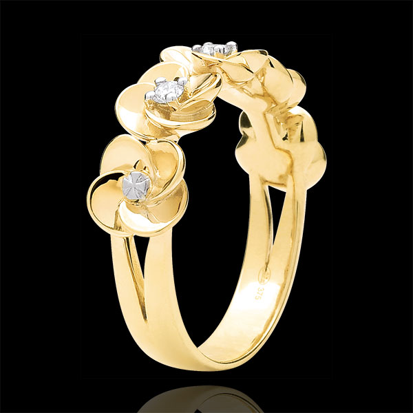 Anello Sboccio - Corona di rose - Oro giallo e Diamanti - 9 carati
